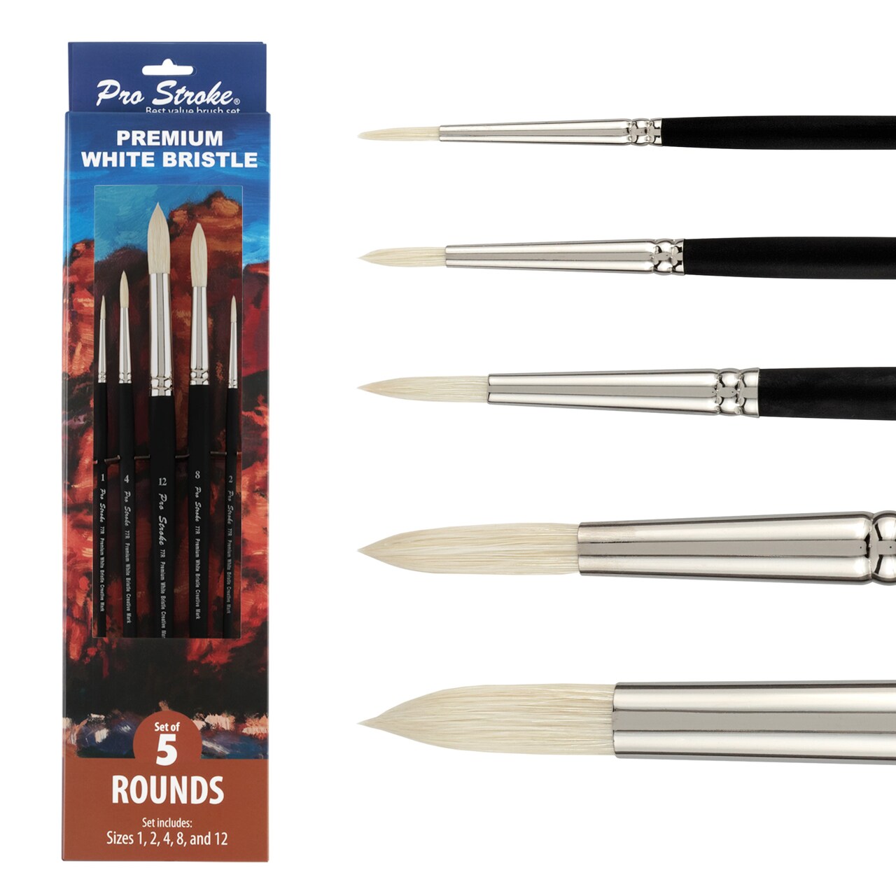 Creative Mark Pro Stroke Premium White Chungking Hog Bristle Artist Paint Brush - Rounds Set of 5 - Natural Bristle Brush w/ Soft Touch Handle for Oils, Watercolors, Acrylics, Alkyds, Caseins
